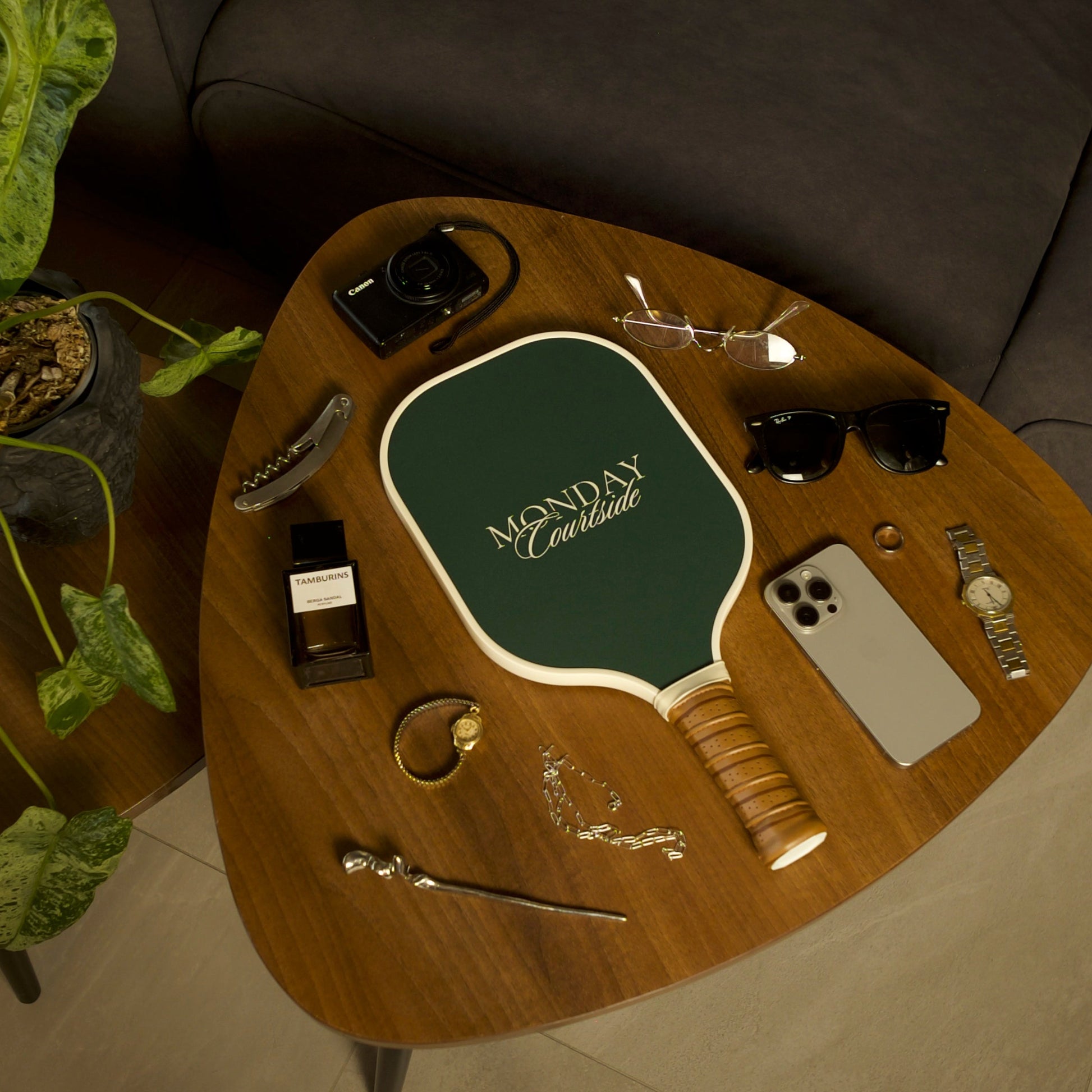 Wooden table with pickleball sports equipment in a room with a plant and sofa.